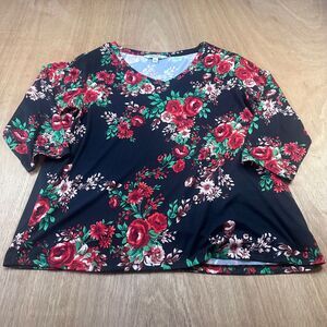 Pioneer Woman Floral Top Black Red Rose Print V-Neck 3/4 Sleeve Size L